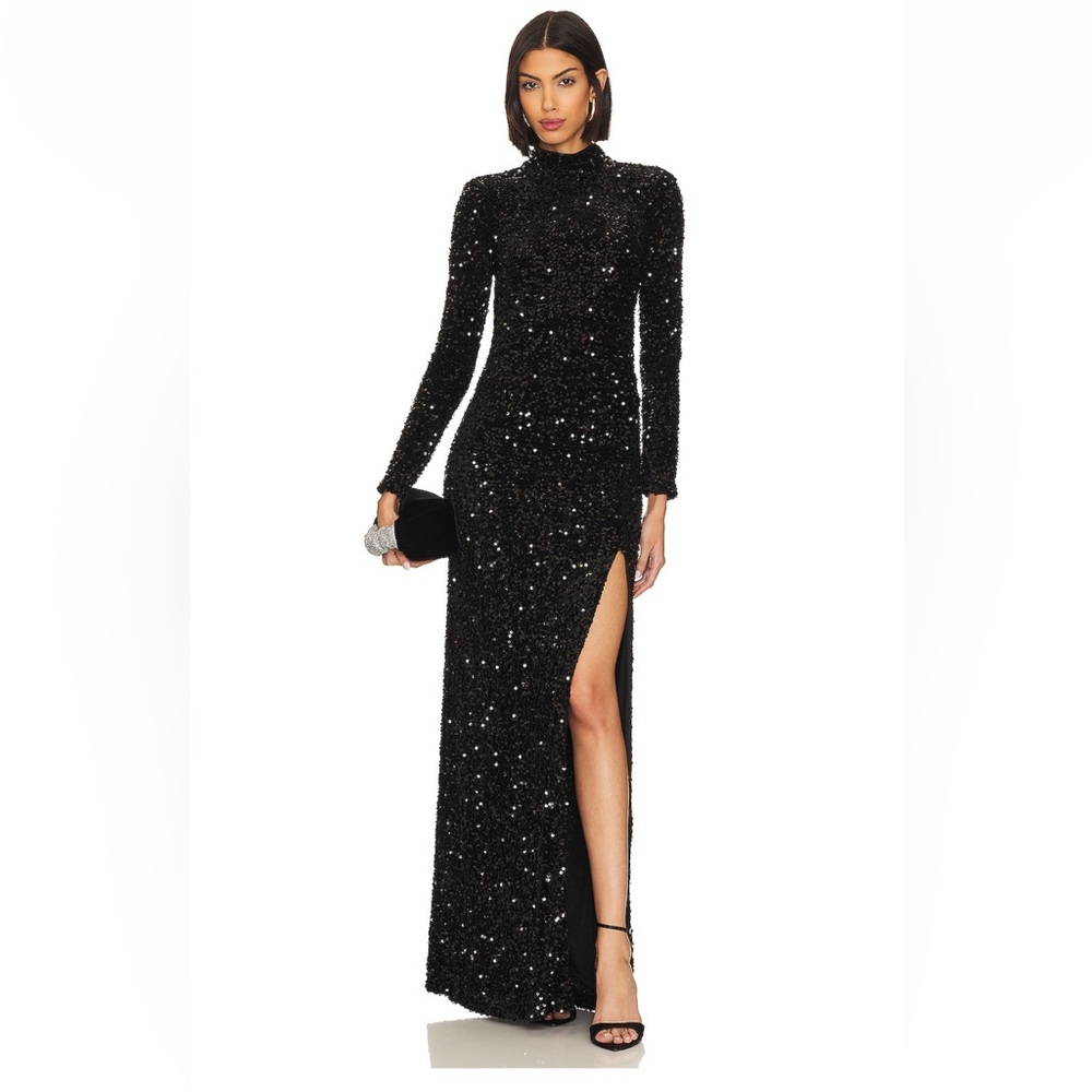 LIKELY Black Sequin high neck Evening Gown